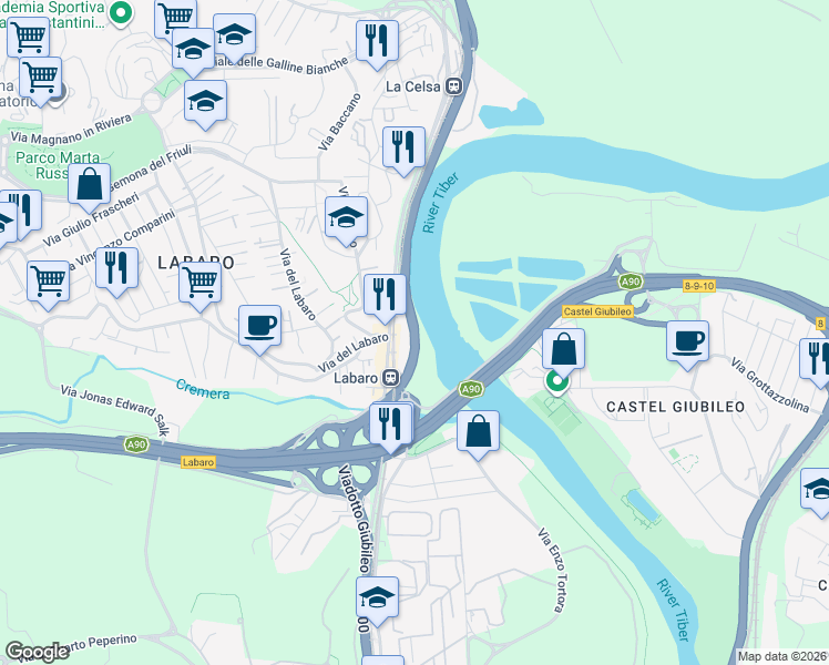 map of restaurants, bars, coffee shops, grocery stores, and more near Strada Statale 3 in Rome