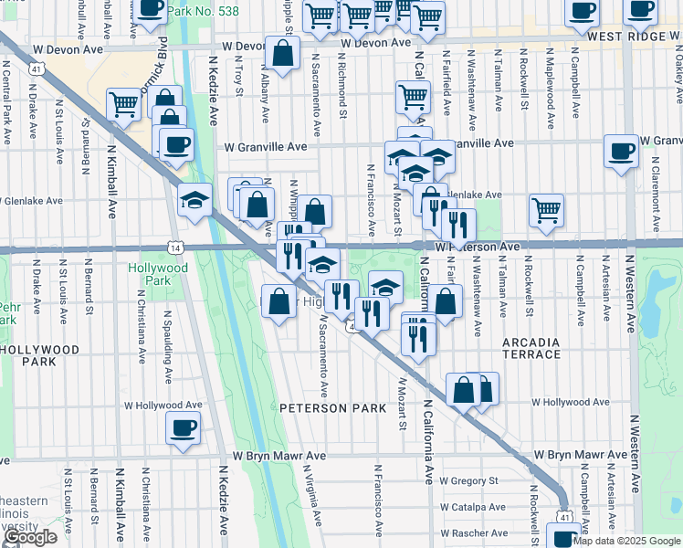 map of restaurants, bars, coffee shops, grocery stores, and more near 5952 North Richmond Street in Chicago