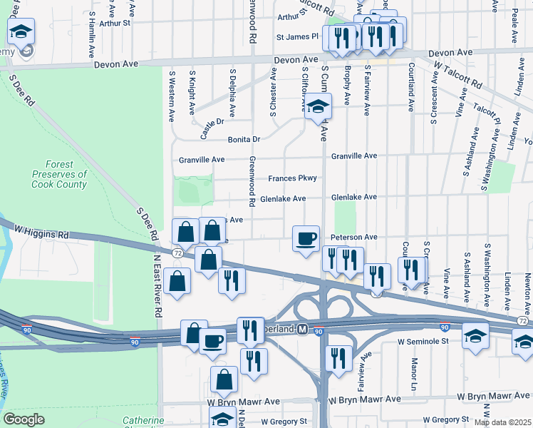 map of restaurants, bars, coffee shops, grocery stores, and more near 1100 Lois Avenue in Park Ridge