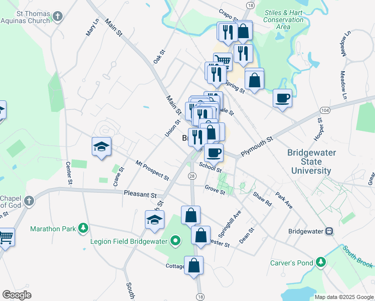 map of restaurants, bars, coffee shops, grocery stores, and more near 71 Central Square in Bridgewater