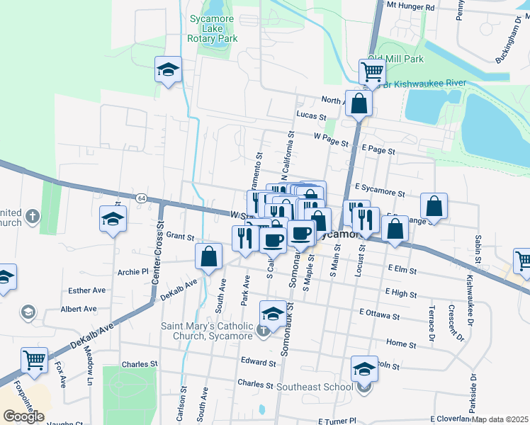 map of restaurants, bars, coffee shops, grocery stores, and more near 425 West State Street in Sycamore