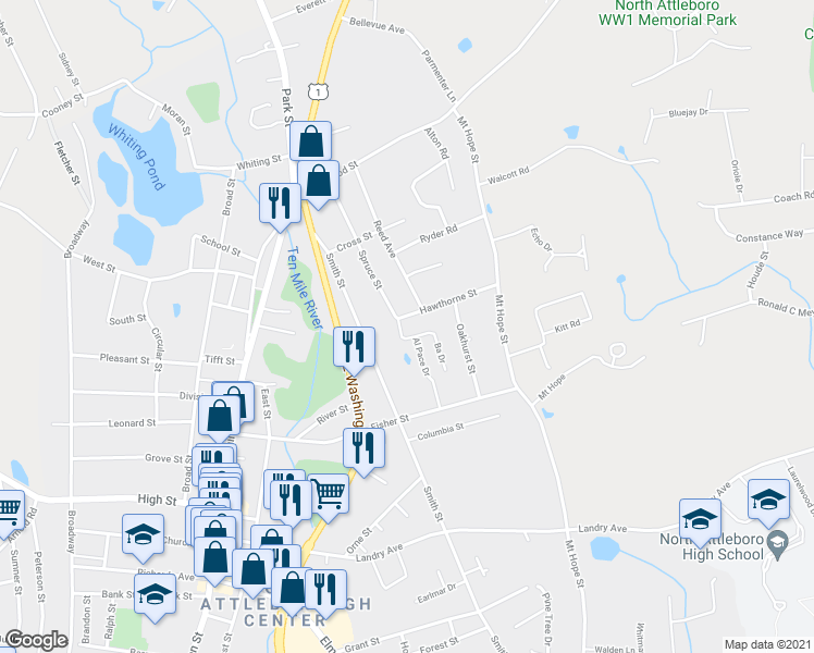 map of restaurants, bars, coffee shops, grocery stores, and more near 13 Al Pace Drive in North Attleborough