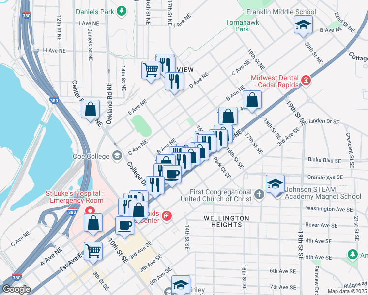 map of restaurants, bars, coffee shops, grocery stores, and more near 1508 A Ave NE in Cedar Rapids