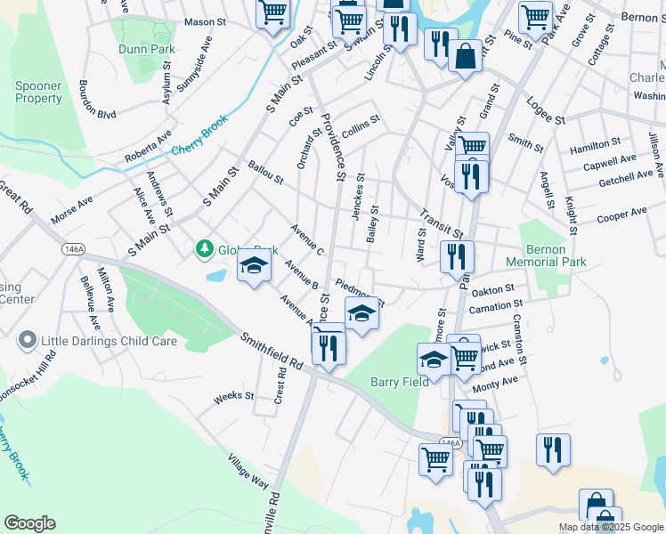 map of restaurants, bars, coffee shops, grocery stores, and more near 524 Providence Street in Woonsocket