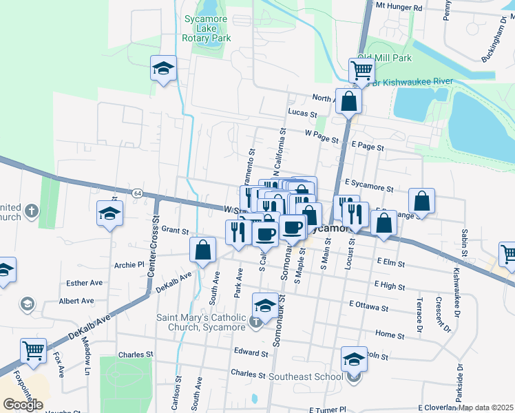 map of restaurants, bars, coffee shops, grocery stores, and more near 425 West State Street in Sycamore