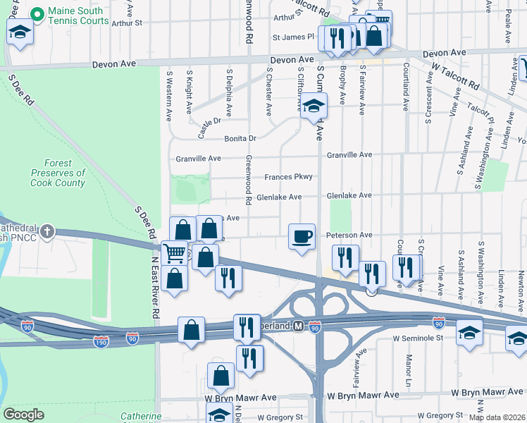 map of restaurants, bars, coffee shops, grocery stores, and more near 1100 Lois Avenue in Park Ridge