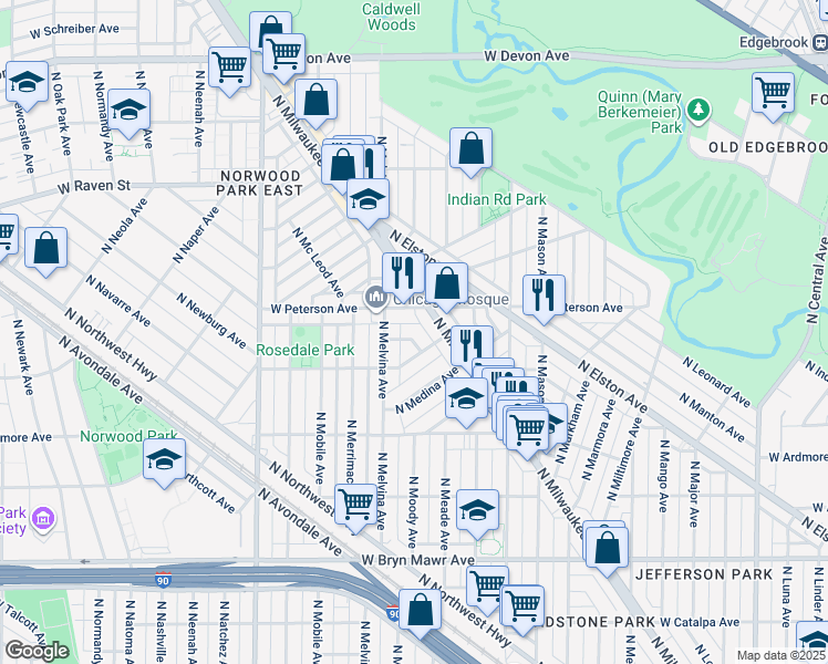 map of restaurants, bars, coffee shops, grocery stores, and more near 6148 West Thorndale Avenue in Chicago