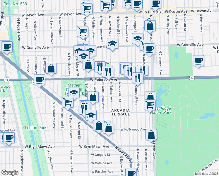 map of restaurants, bars, coffee shops, grocery stores, and more near 5928 North Talman Avenue in Chicago