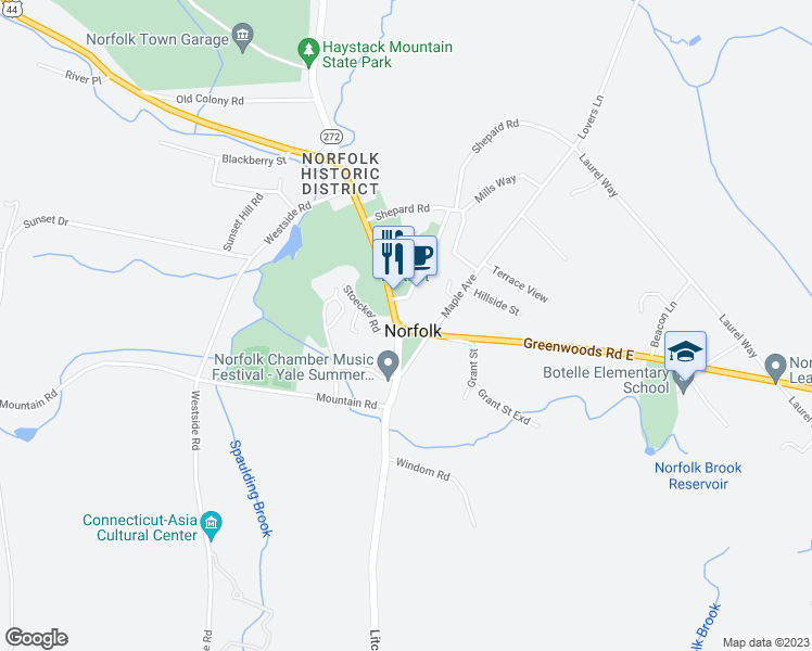 map of restaurants, bars, coffee shops, grocery stores, and more near 3 Greenwoods Road East in Litchfield County