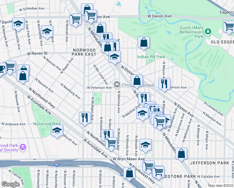 map of restaurants, bars, coffee shops, grocery stores, and more near 5934 North Melvina Avenue in Chicago