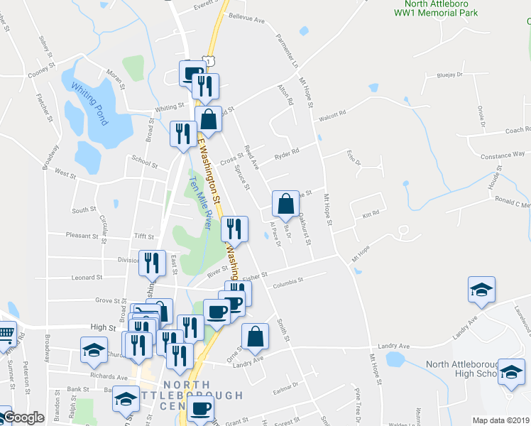 map of restaurants, bars, coffee shops, grocery stores, and more near 13 Al Pace Drive in North Attleborough