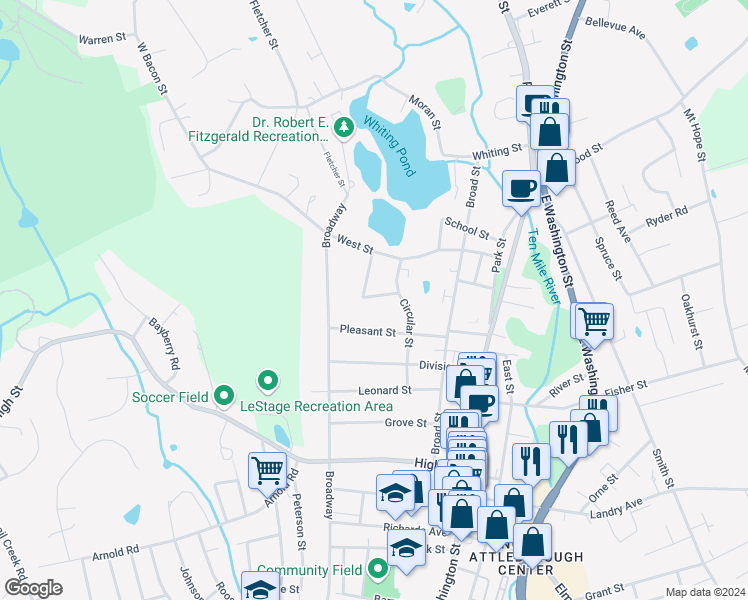 map of restaurants, bars, coffee shops, grocery stores, and more near 10 South Street in North Attleborough