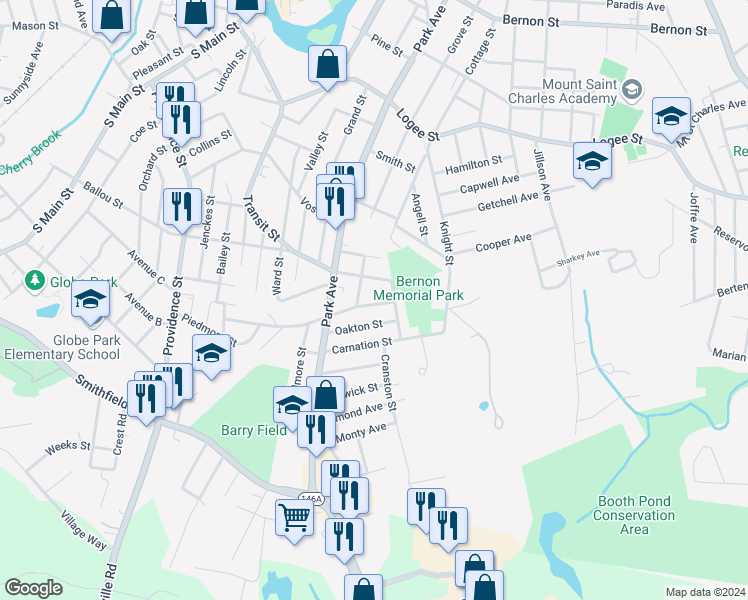 map of restaurants, bars, coffee shops, grocery stores, and more near 392 Mowry Street in Woonsocket