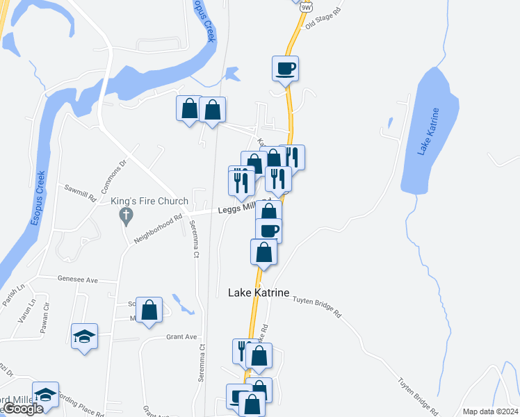 map of restaurants, bars, coffee shops, grocery stores, and more near 11 Leggs Mills Road in Lake Katrine