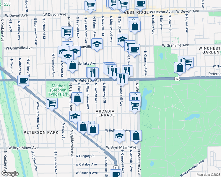 map of restaurants, bars, coffee shops, grocery stores, and more near 5929 North Maplewood Avenue in Chicago