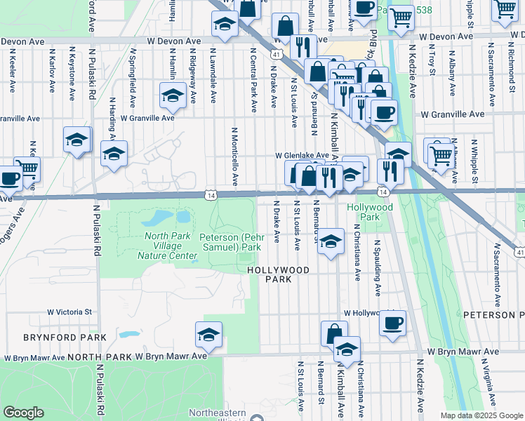 map of restaurants, bars, coffee shops, grocery stores, and more near 5935 North Central Park Avenue in Chicago