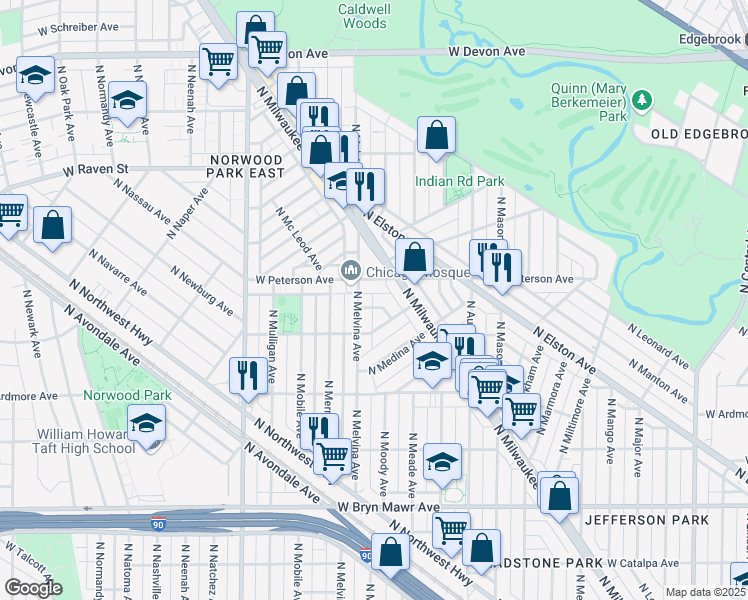 map of restaurants, bars, coffee shops, grocery stores, and more near 6148 West Thorndale Avenue in Chicago