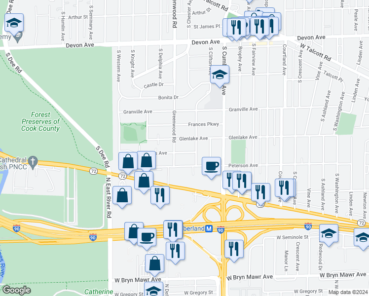 map of restaurants, bars, coffee shops, grocery stores, and more near 1100 Lois Avenue in Park Ridge