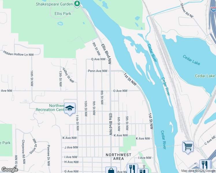 map of restaurants, bars, coffee shops, grocery stores, and more near 1619 8th Street Northwest in Cedar Rapids