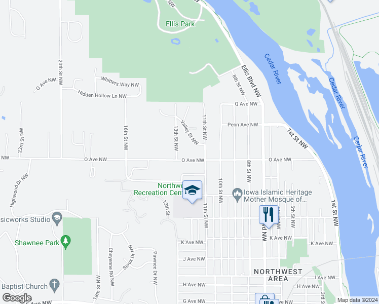 map of restaurants, bars, coffee shops, grocery stores, and more near 1615 13th Street Northwest in Cedar Rapids