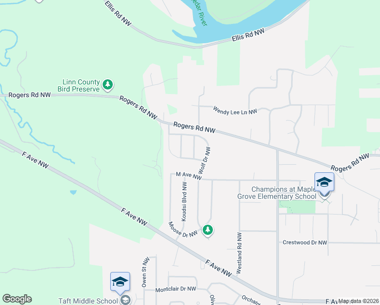 map of restaurants, bars, coffee shops, grocery stores, and more near 1413 Grizzly Drive Northwest in Cedar Rapids