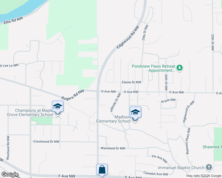 map of restaurants, bars, coffee shops, grocery stores, and more near 3210 Rogers Road Northwest in Cedar Rapids
