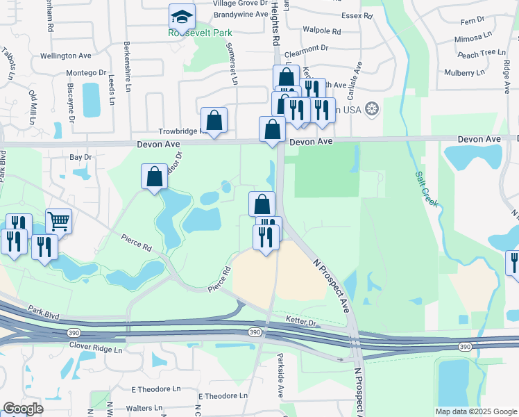 map of restaurants, bars, coffee shops, grocery stores, and more near 1250 North Arlington Heights Road in Itasca