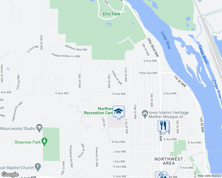 map of restaurants, bars, coffee shops, grocery stores, and more near 1615 13th Street Northwest in Cedar Rapids