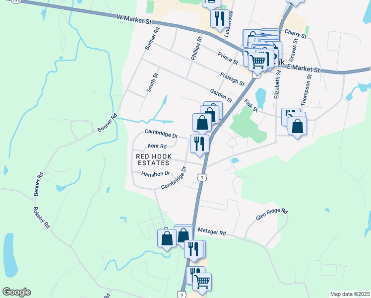 map of restaurants, bars, coffee shops, grocery stores, and more near 5 Cambridge Dr in Red Hook