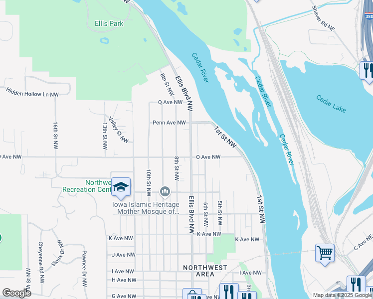 map of restaurants, bars, coffee shops, grocery stores, and more near 1619 8th Street Northwest in Cedar Rapids