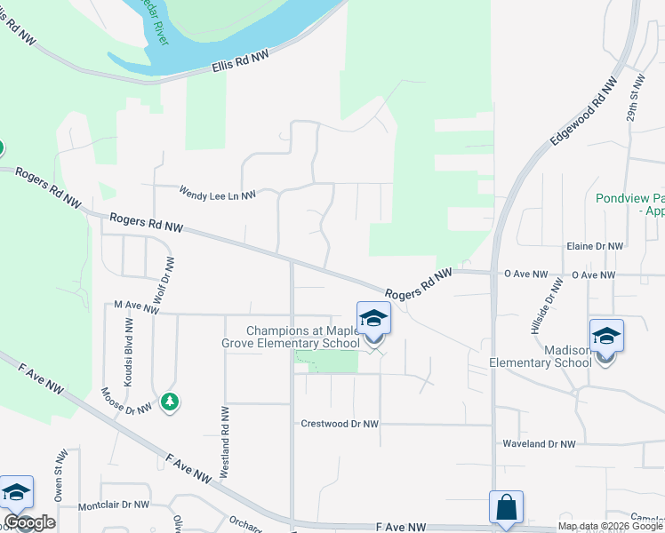 map of restaurants, bars, coffee shops, grocery stores, and more near 1603 Greenlefe Drive Northwest in Cedar Rapids
