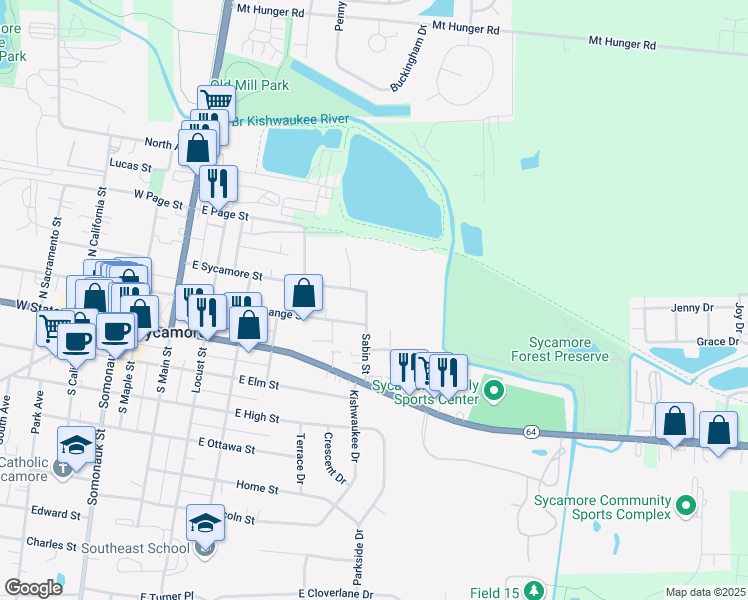 map of restaurants, bars, coffee shops, grocery stores, and more near 226 Sabin Street in Sycamore