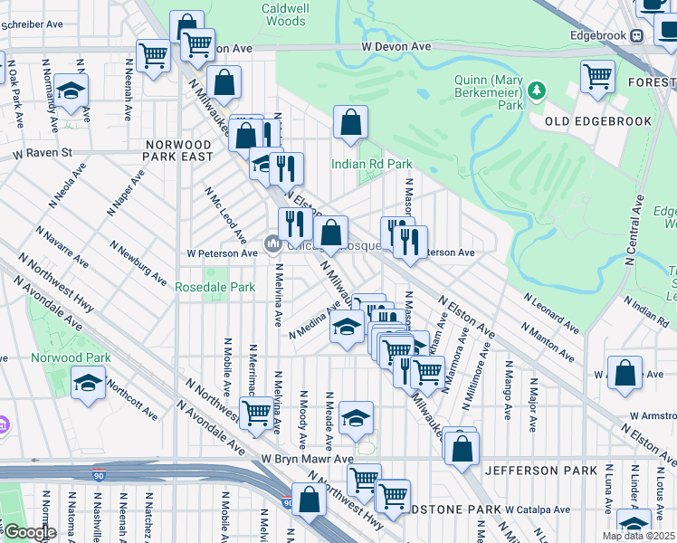 map of restaurants, bars, coffee shops, grocery stores, and more near 5929 North Milwaukee Avenue in Chicago