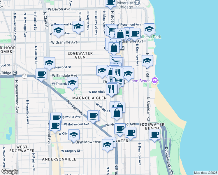 map of restaurants, bars, coffee shops, grocery stores, and more near 5915 North Magnolia Avenue in Chicago