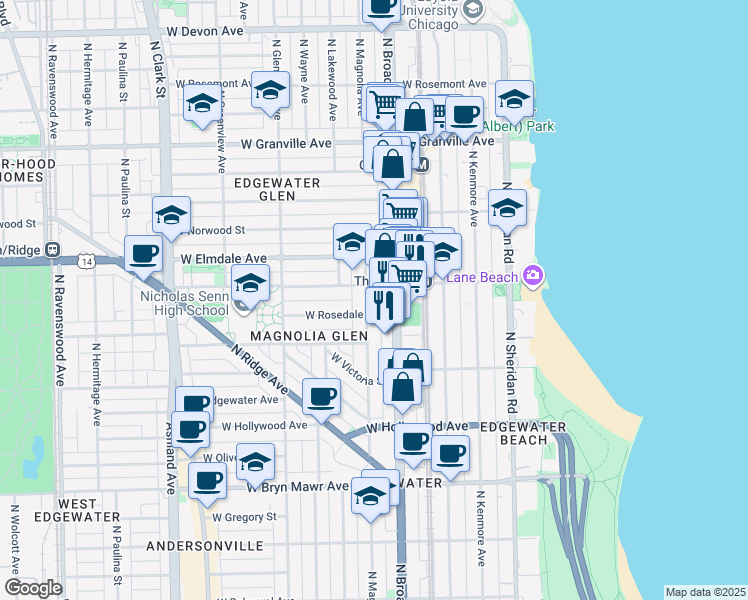 map of restaurants, bars, coffee shops, grocery stores, and more near 5915 North Magnolia Avenue in Chicago