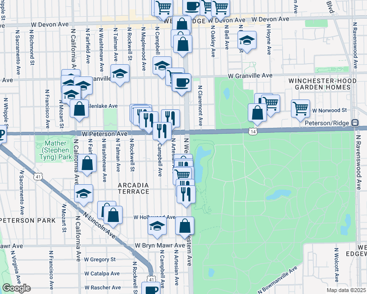 map of restaurants, bars, coffee shops, grocery stores, and more near 5916 N Western Ave in Chicago