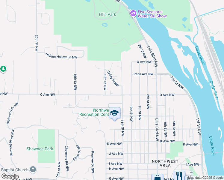 map of restaurants, bars, coffee shops, grocery stores, and more near 1100 O Avenue Northwest in Cedar Rapids