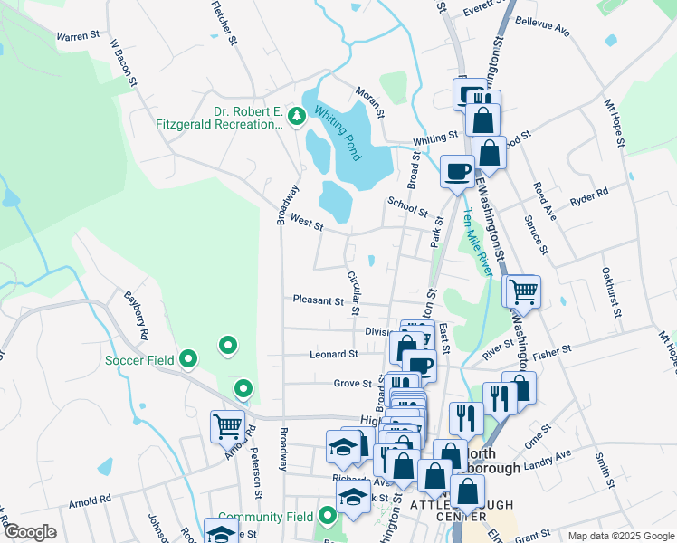 map of restaurants, bars, coffee shops, grocery stores, and more near 10 South St in North Attleborough