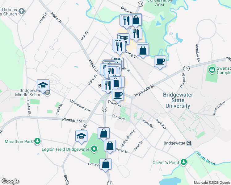 map of restaurants, bars, coffee shops, grocery stores, and more near 16 Central Square in Bridgewater