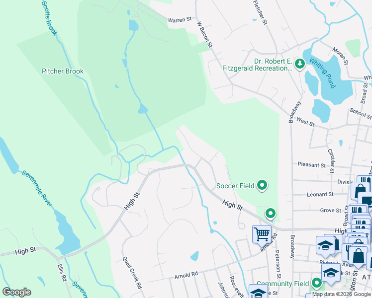 map of restaurants, bars, coffee shops, grocery stores, and more near 108 Bayberry Road in North Attleborough