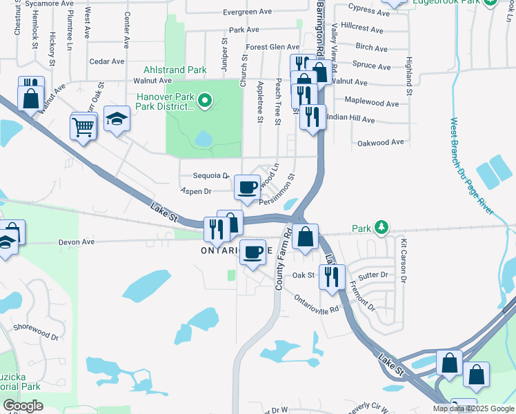 map of restaurants, bars, coffee shops, grocery stores, and more near 1780 West Lake Street in Hanover Park