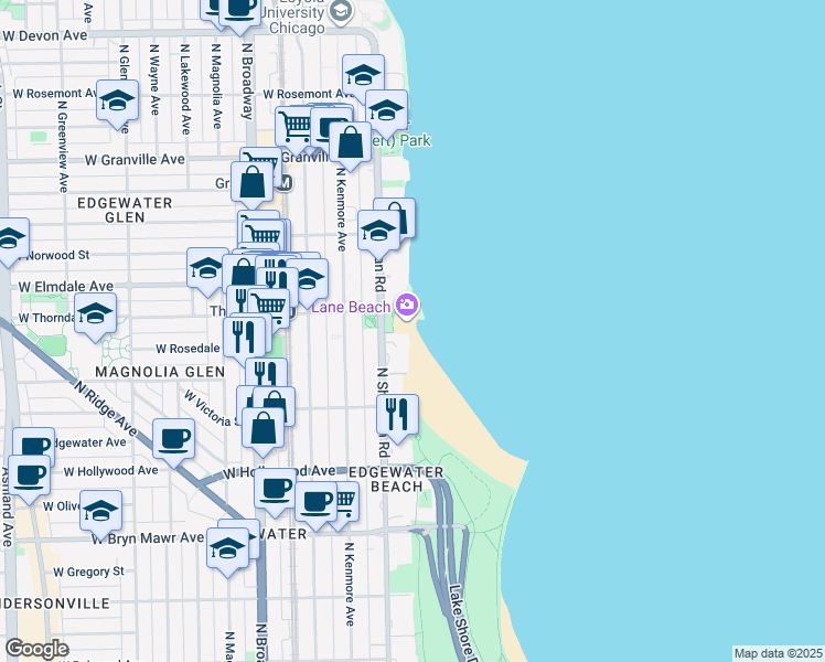 map of restaurants, bars, coffee shops, grocery stores, and more near 5821 North Sheridan Road in Chicago