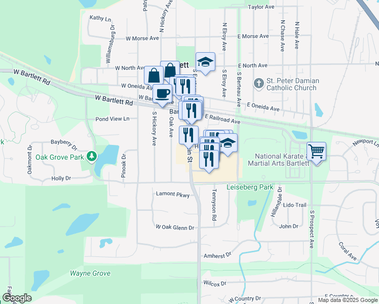map of restaurants, bars, coffee shops, grocery stores, and more near 326 South Main Street in Bartlett