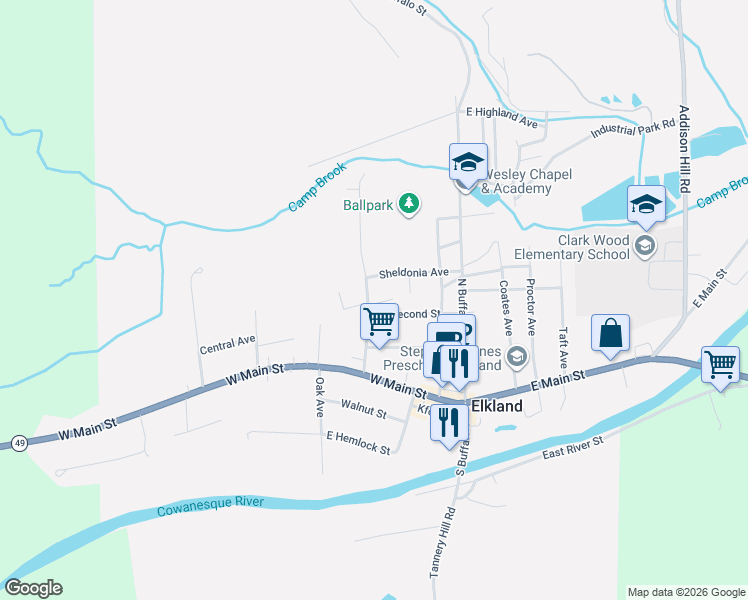 map of restaurants, bars, coffee shops, grocery stores, and more near 204 Pattison Avenue Extension in Elkland