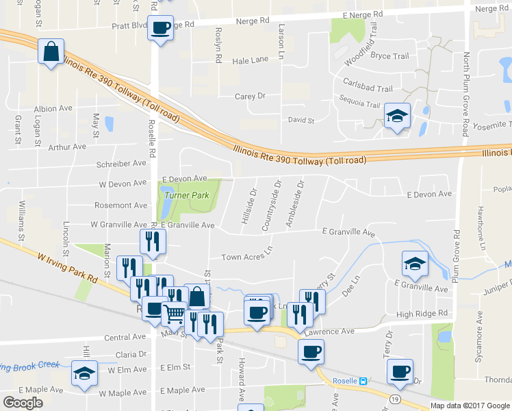 map of restaurants, bars, coffee shops, grocery stores, and more near 353 Hillside Drive in Roselle