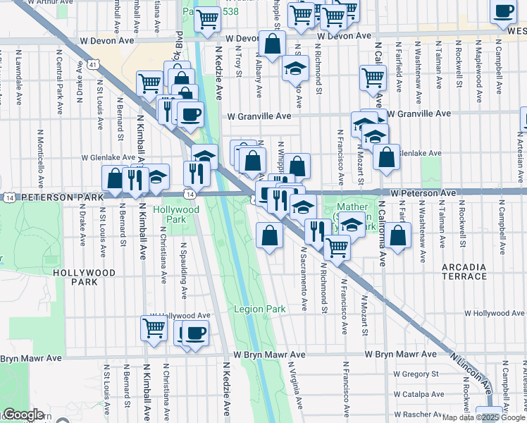 map of restaurants, bars, coffee shops, grocery stores, and more near 5978 North Lincoln Avenue in Chicago
