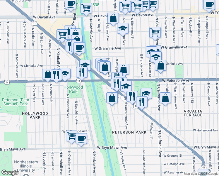 map of restaurants, bars, coffee shops, grocery stores, and more near 5978 North Lincoln Avenue in Chicago