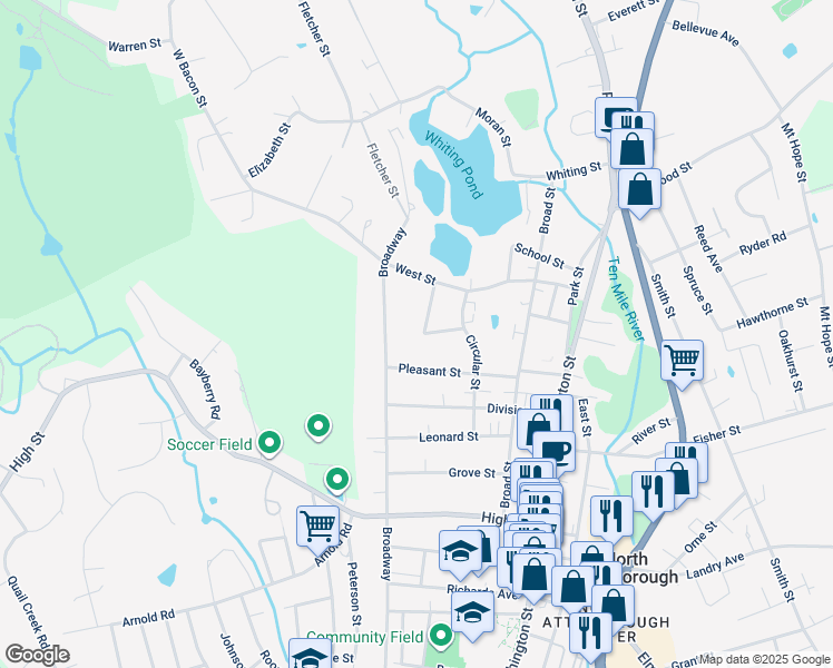 map of restaurants, bars, coffee shops, grocery stores, and more near 4 Prospect St in North Attleborough