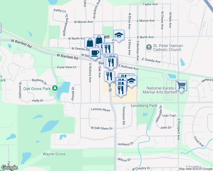 map of restaurants, bars, coffee shops, grocery stores, and more near 326 South Main Street in Bartlett