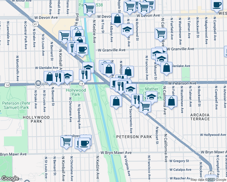 map of restaurants, bars, coffee shops, grocery stores, and more near 5978 North Lincoln Avenue in Chicago